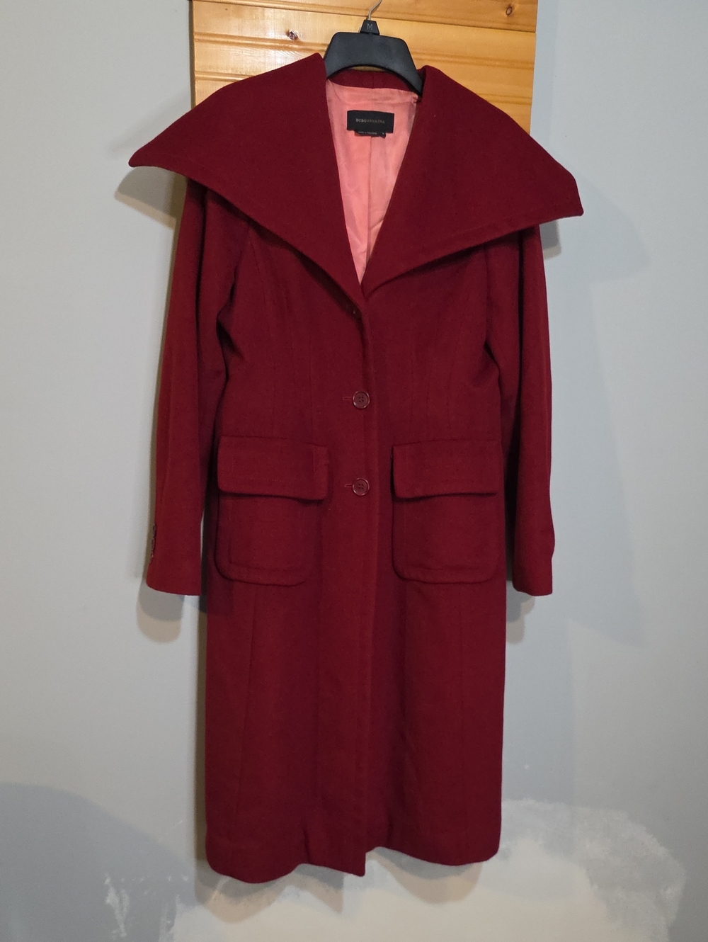 BCBG Max Azria Wool Blend Coat Women's M Burgundy Oversized Collar Long